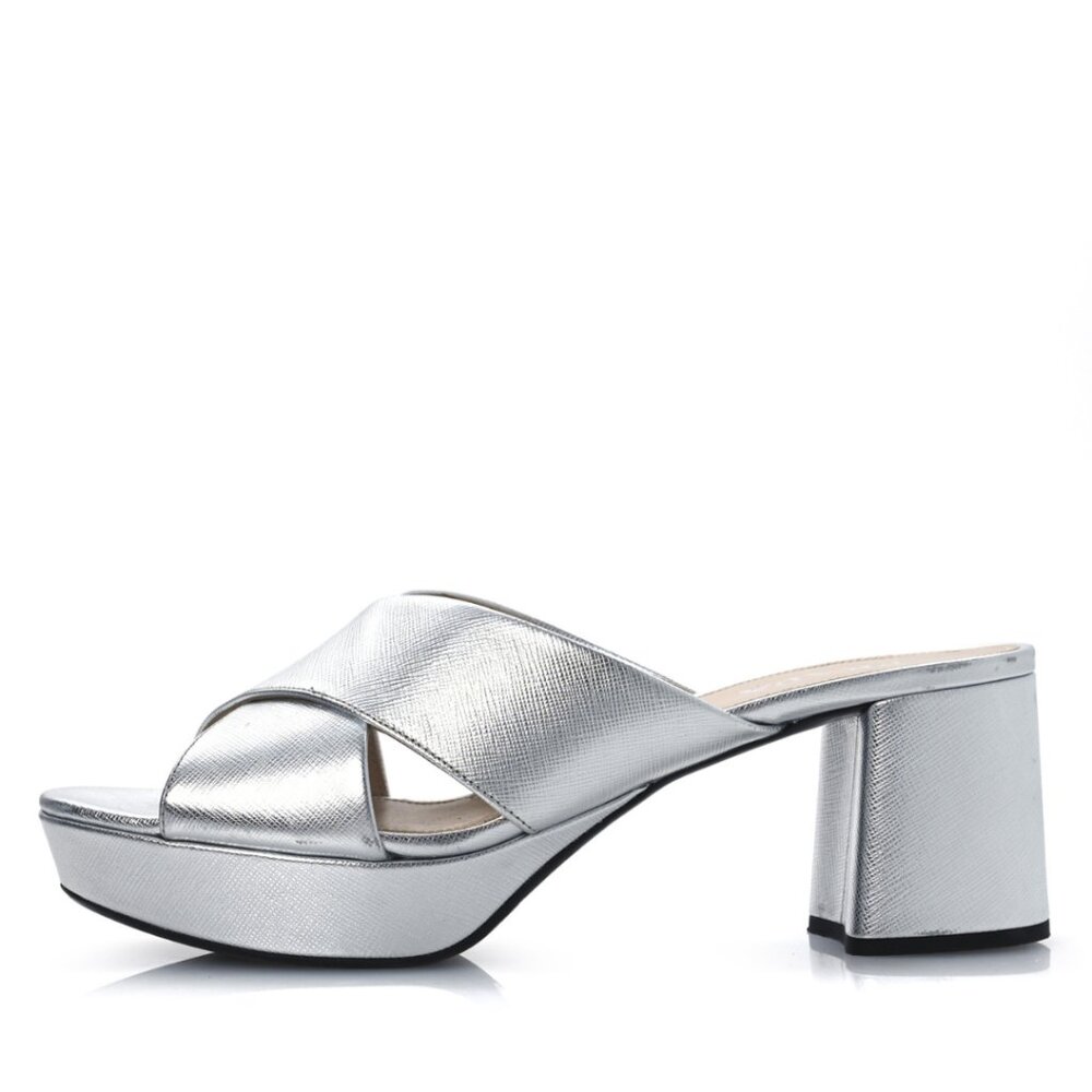 NWT Prada Platform Sandals Metallic Silver Saffiano Leather Crisscross Strap